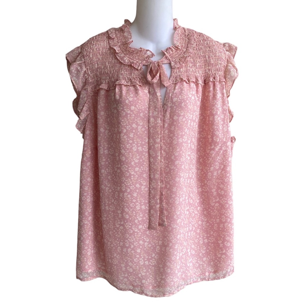 NWT Pleione Woman 1X Top Blouse Blush Cream Floral Necktie Sleeveless High Neck